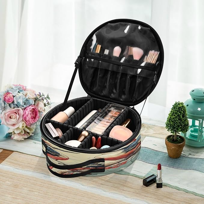 senya Round Cosmetic Pouch Travel Makeup Train Case Vintage Birds Makeup Organizer Bag with Adjustable Dividers Portable for Cosmetics Makeup Brushes Toiletry Jewelry Accessories