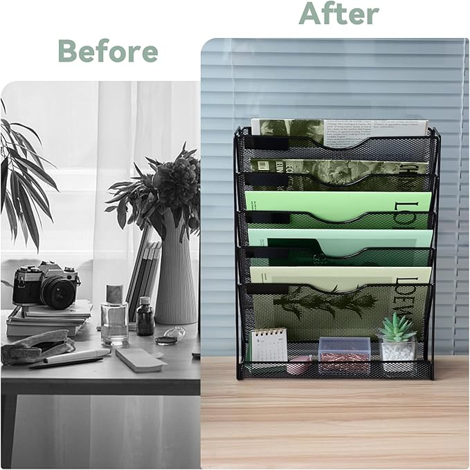 6-Tier Mesh Wall File Holder Organizer with Bottom Flat Tray, Vertical Hanging File Organizer, Office Hanging File Folder Magazine Rack, Nametag Label Hooks Set Included, Black