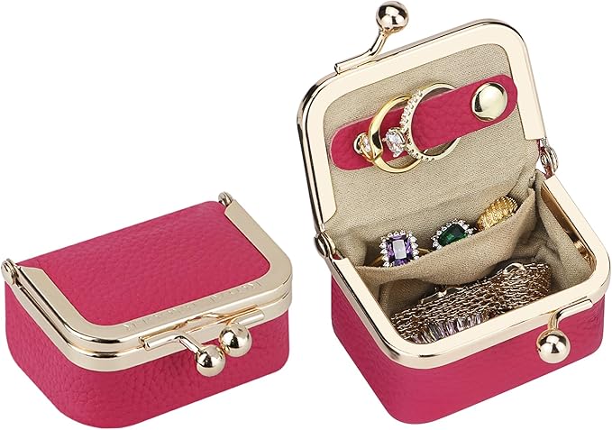 Royal Bagger Genuine Cow Leather Mini Jewelry Box Women's Coin Purse Solid Color Kiss Lock Change Pouch Casual Style Small Storage Bag for Women 1894 (Watermelon Red)