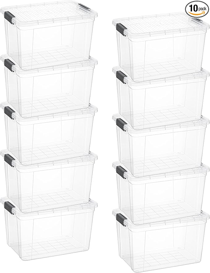 Superio Clear Storage Box with Lid, 14.25 Quart Plastic Container Bins for Organizing, Stackable Crates, BPA Free, Non Toxic, Odor Free, Organizers for Home, Office, School, and Dorm, 10 Pack