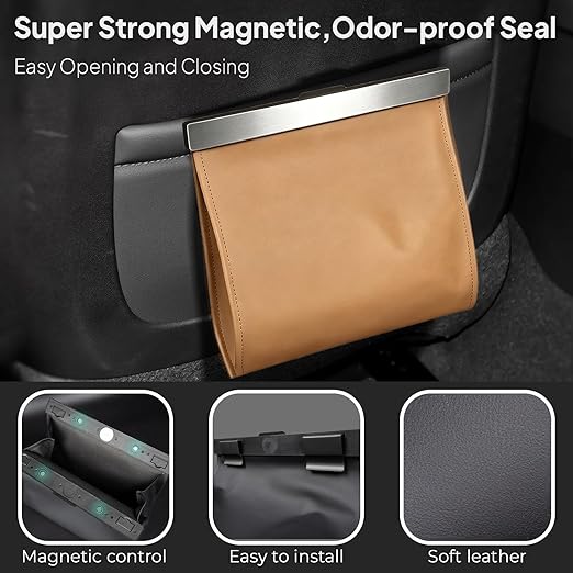 COZILO Leather Car Trash Can with Smart LED Light & Magnetic Closure,Leak-Proof, Odor-Lock Car Trash Bin for Any Cars, Sedans, SUVs, Trucks, Brown