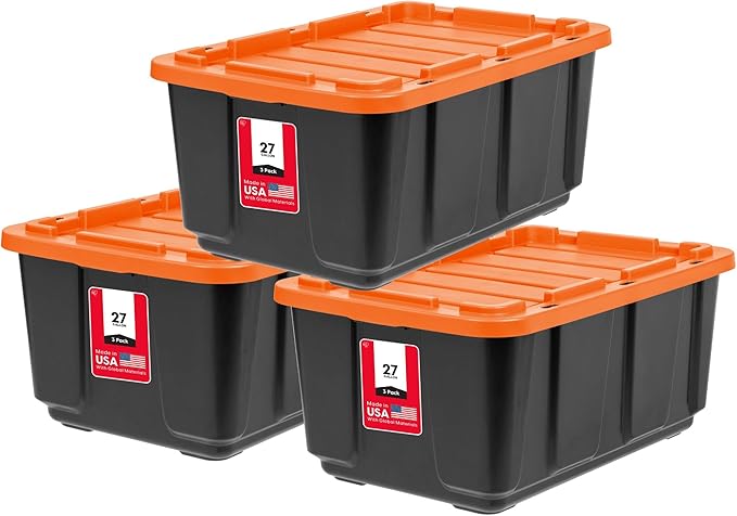 IRIS USA 3-Pack 27 Gallon Storage Bins with Lids |Made in USA| Heavy Duty Plastic Tote Containers for Truckbed Tool Box Organization, Large - Orange