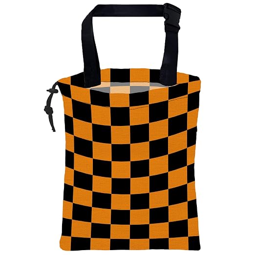 Car Garbage Bag Black Orange Checkered Drawstring Car Trash Bag Hanging for Back Seat with Adjustable Buckle Canvas Vehicle Trash Can Easy-to-Install for Car Accessories Vehicle Travelling Camping