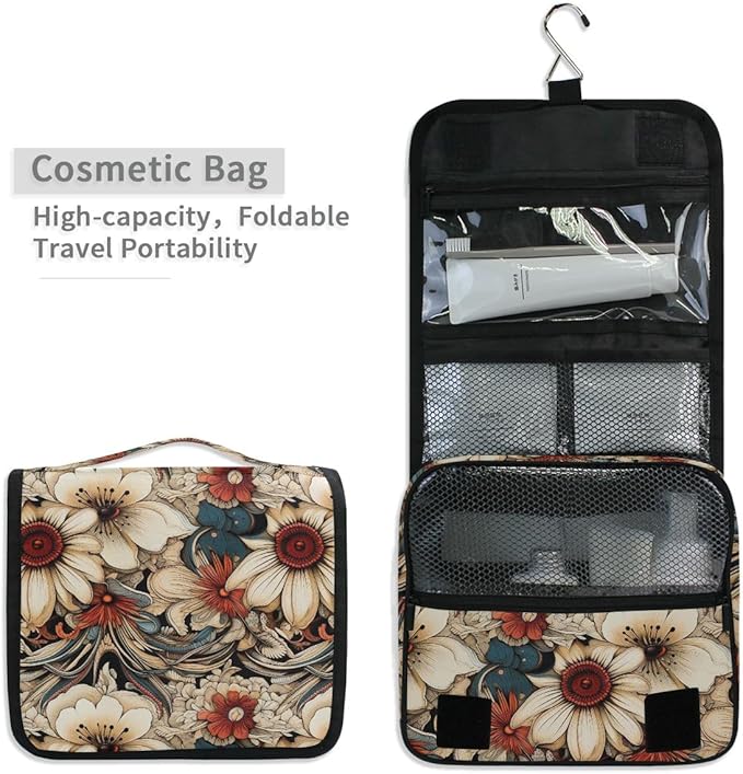 senya Hanging Travel Toiletry Bag Kit Boys Makeup Case Cosmetics Organizer for Men Women (3045 Retro Flowers)