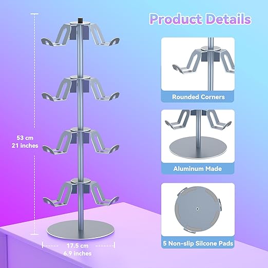 4 Tiers 360 Degree Rotatable Game Controller Stand for PS5 Xbox Nintendo Switch PS4, Aluminum Alloy Headset Controller Holder for Desk, Universal Gaming Headphone Stand Organizer Rack, Grey