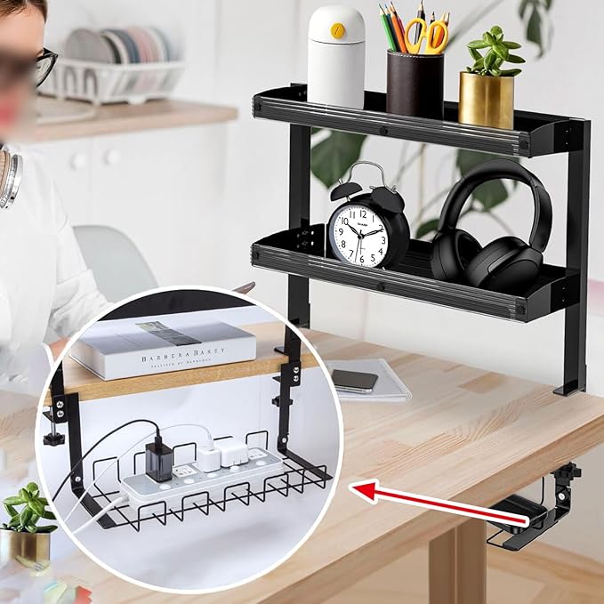 Clip-on Desktop or Under-Desk 2-Tier Shelving Unit, Clamp-on Desk Organizer Shelf with Adjustable Storage Tray Computer Table Organizer for Office Desk