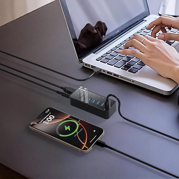 Powered USB 3.0 Hub, 7-Port USB Data Hub with 1 BC1.2 Port and 36W Power Adapter, USB Splitter for Laptop, PC, Desktop, External HDD, and Mobile Devices