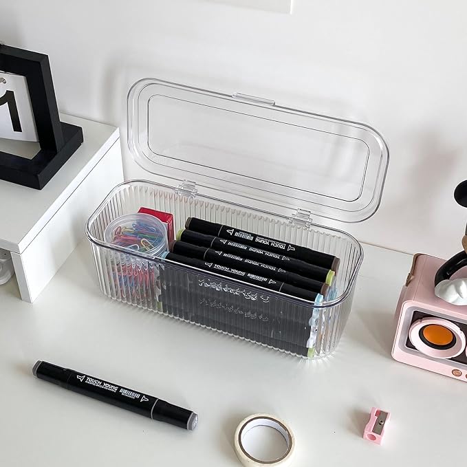 Clear Pen Organizer with Lid, Plastic Desk Drawer Accessories Storage Box for Home Office and School Classroom Organization, Art and Crafts Case for Marker, Pencils, Stationery