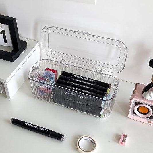 Clear Pen Organizer with Lid, Plastic Desk Drawer Accessories Storage Box for Home Office and School Classroom Organization, Art and Crafts Case for Marker, Pencils, Stationery