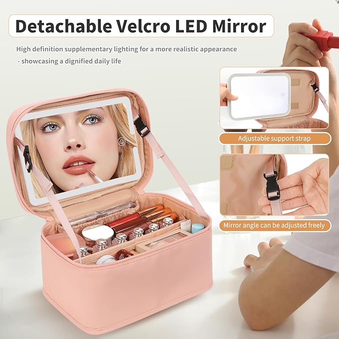 Makeup Bag With LED Mirror, Lightweight Travel Makeup Bag With 3 Color Setting Light Up Mirror Cosmetic Makeup Organizer Vanity Case for Women Beauty Tools Accessories Rechargeable Train Case-Pink