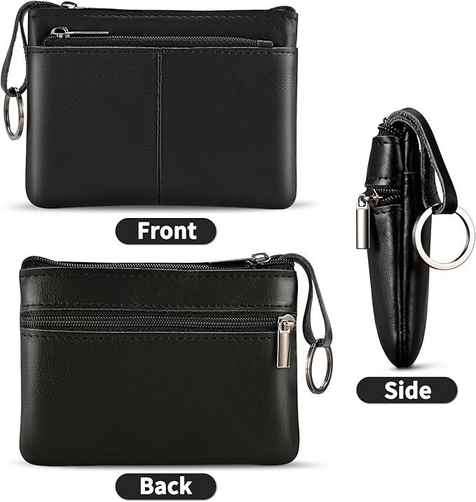 Black Genuine Leather Multi-Functional Wallet - Compact Card Holder, Coin Purse & Key Organizer with 3 Zippers, Built-in Key Ring, Perfect for Travel, Work & Daily Use