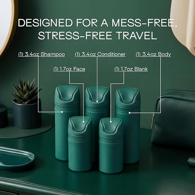 RIES Essential Refillable Toiletry Travel Bottles – Set of 5 (3.4oz & 1.7oz) Airless Pump Containers for Shampoo, Conditioner, Body, Face – Leak-Proof, TSA-Approved, Dishwasher Safe- Escapade Green