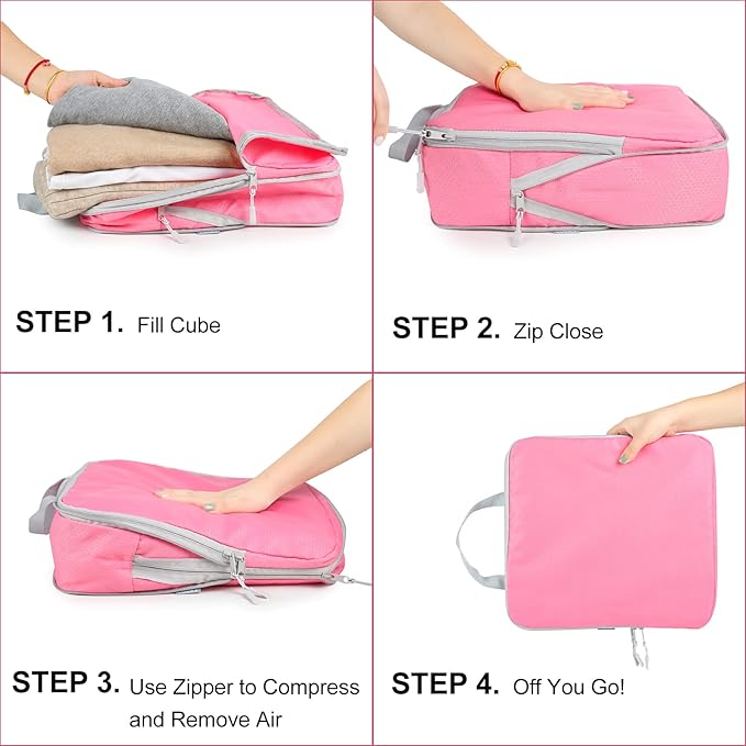 COVAX 4 Set Compression Packing Cubes, Travel Luggage Organizers and Storage Packing Cubes (Pink)