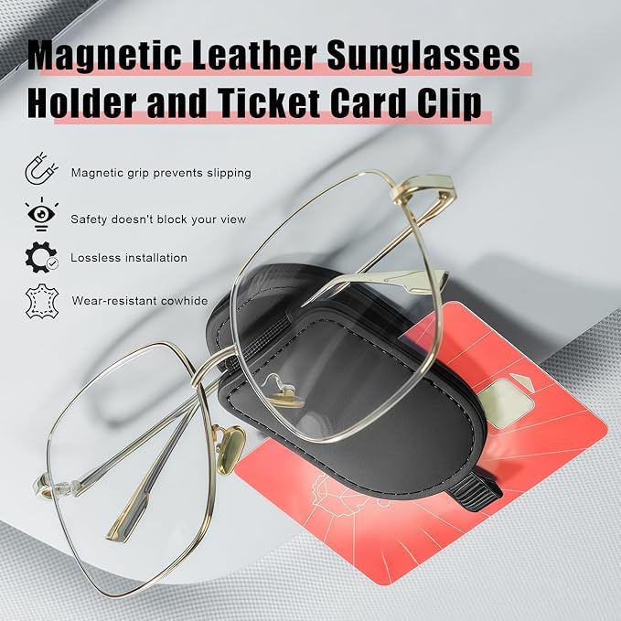Sunglass Holder for Car Visor, Magnetic Leather Eyeglass Holder, Universal Car Sunglass Organizer Visor Accessories for SUV Truck Pickup, 2 Pack (Black)