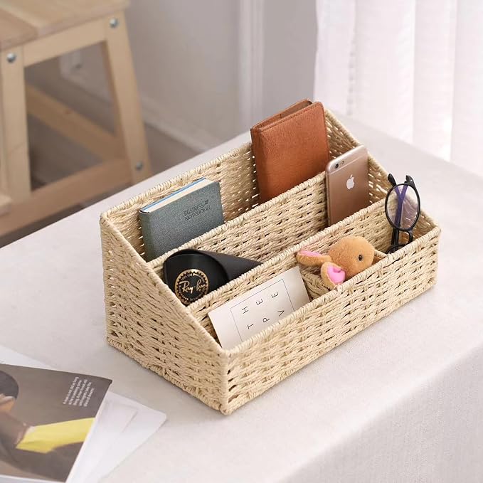 Rattan Mail Organizer - Countertop, Desk, Bills, Woven Basket, Magazine Holder, Mail Sorter, Hobo Organizer，Beige