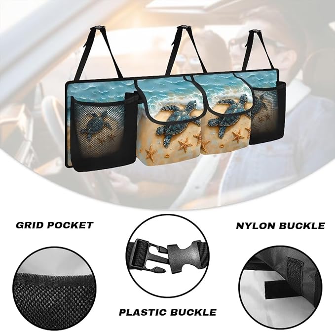 Sea Turtle Car Trunk Organizer,Beach Design Backseat Trunk Organizer with 4 Pocekt,Backseat Hanging Car Storage Bag Foldable Cargo Storage Not Easy to Fade