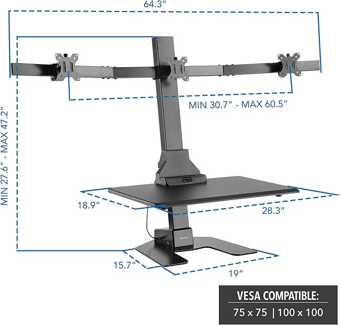Mount-It! Triple Monitor Electric Standing Desk Converter - 3 Screens Stand Up Desk Riser - Height Adjustable Desktop & 3 Mounts for Screens up to 32", Sit-Stand Convertor for Home, Office, School