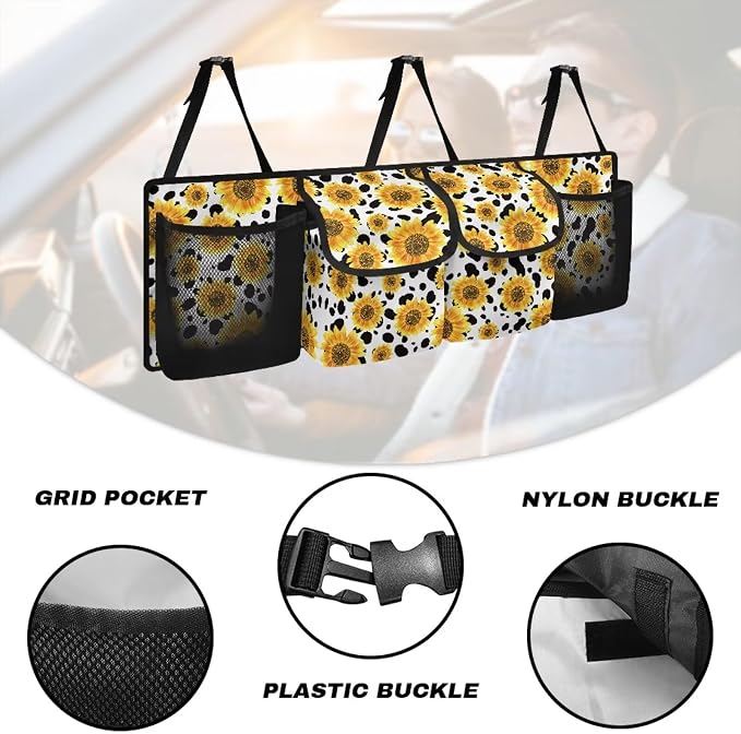 Sunflower Cow Car Trunk Organizer Backseat Cargo Storage Bag with Elastic Net Collapsible Pouch SUV, Truck, MPV Car Accessories