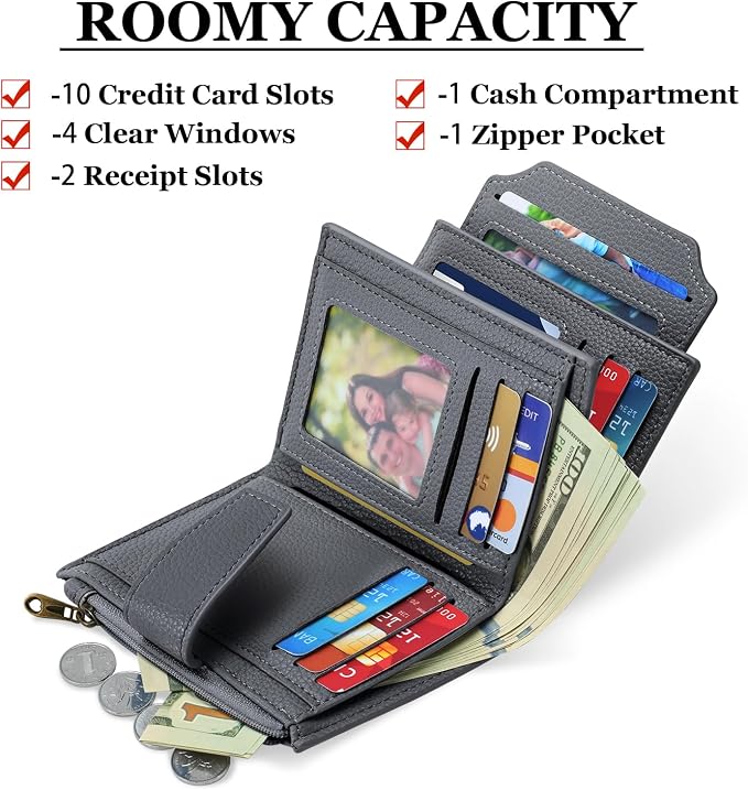 Airkit Small Wallet Women RFID Blocking Soft Leather Bifold Compact Card Holder Wallet for Women with Zipper Coin Pocket 4 ID Window