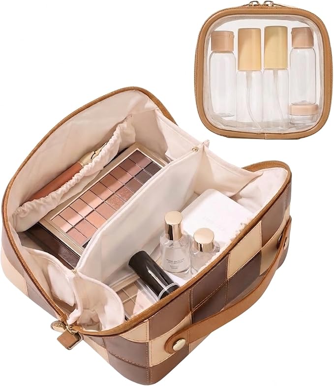 Travel Makeup Bag Organizer with TSA Approved Clear Pouch, Large Capacity Cosmetic Case with 180° Wide Open Design, Portable Toiletry Bag with Dividers for Brushes & Toiletries