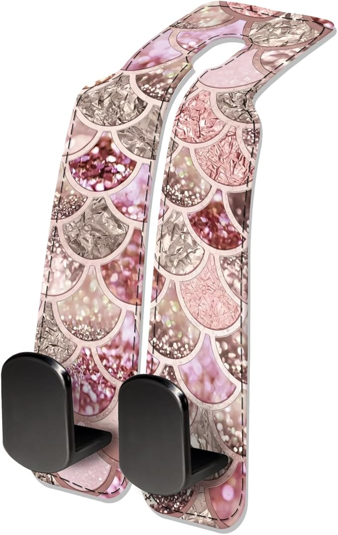 Car Seat Headrest Hook, Universal Leather Cute Hanger Holder Hook, Storage Organizer Interior Accessories for Purse Bags Handbag Glitter Colorful Shells