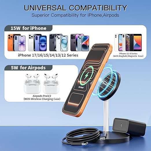 Magnetic Wireless Charger i Phone Stand 15W Fast Mag-Safe Charging Station 6FT Magnet Wireless Charging Stand with Plug Compatible with Apple iPhone 17/17 Pro/Air/17Pro Max 16/15/14/13/12,AirPods Pro