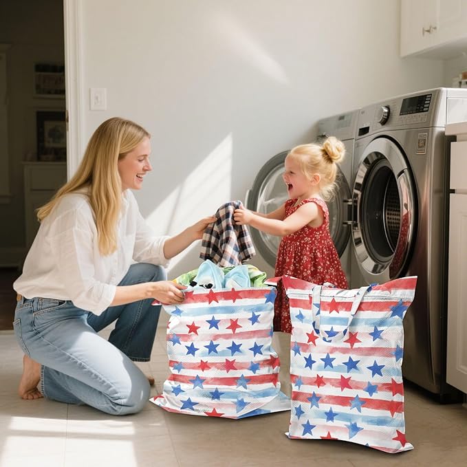 Travel Laundry Bags 2 PC Wet Dry Bag with Handle Dirty Clothes Organizer for Swimsuits Beach Camping Waterproof Washable July 4th Stripes Stars White
