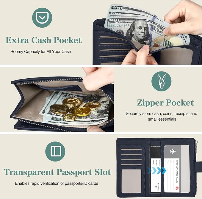 Passport Holder for Travel, Leather Passport Wallet with Airtag Slot, RFID Blocking Travel Wallet for Women Men, Passport Cover with Air Ticket Card Cash Coin Pocket, Travel Essentials Gift
