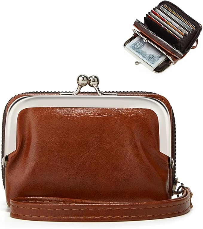 2 in 1 Credit Wallet, Purse Wallets for Women, Ladies Coin Pouch With Card Slot, Women's Vintage Change Holder with Kiss Lock and Zipper Lanyard (PU Brown, Small)