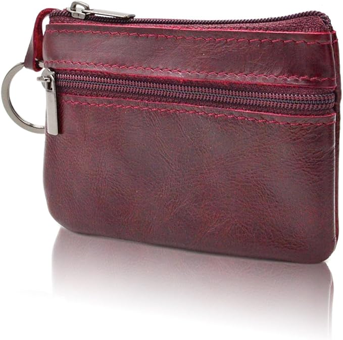 Freezx Women Genuine Leather Coin Pouch Zip Mini Purse Wallet Key Chain Double Zipper