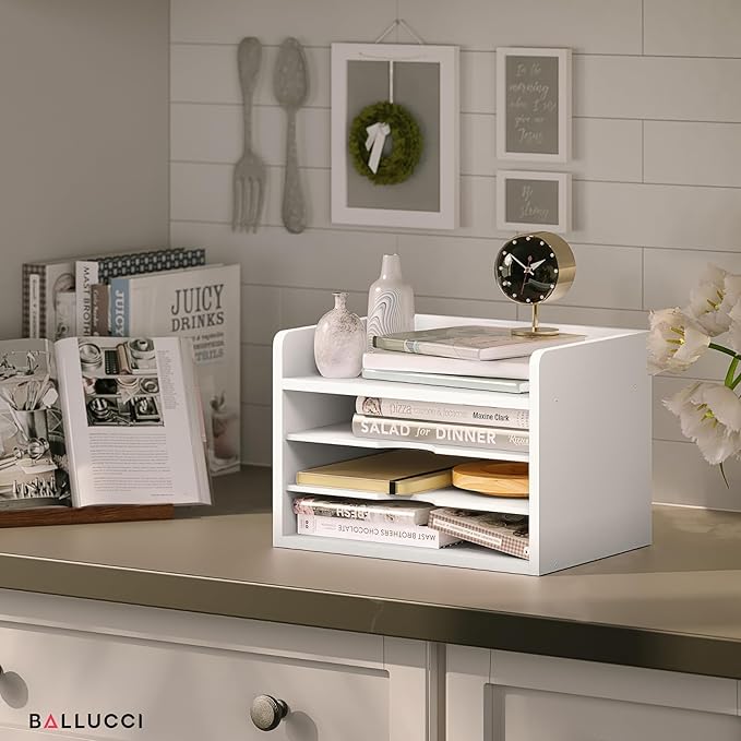 Ballucci File Organizer, 4-Tier Office Desk Organizer, Open Top Wood Paper Organizer for Classroom, Desktop Mail Sorter Paper Tray, White