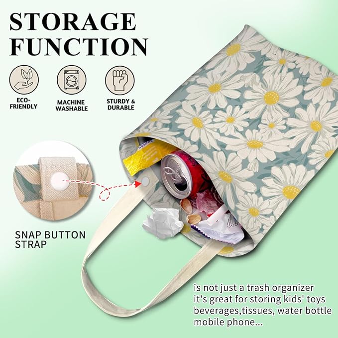 Car Trash Can, Cute Car Trash Bag, Hanging Car Organizer and Storage Bag, Trash Bin for Car Accessories, Vehicle, Travelling, Camping Cute Blue White Daisy