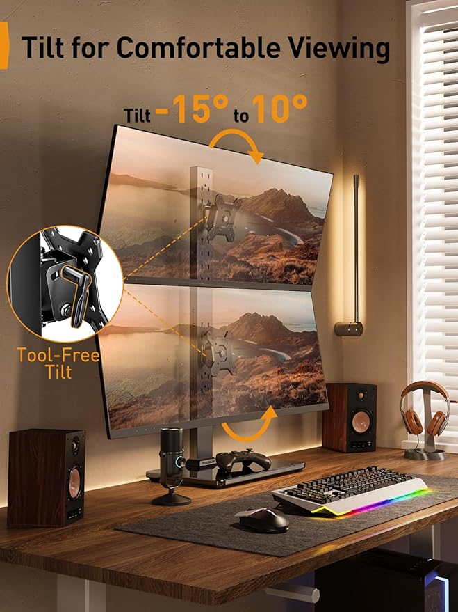 Perlegear Dual Vertical Monitor Stand for 13-40 inch Screen, 13 Height Settings, Dual Computer Stand with 360 Degree Rotation, Up to 44 lbs, Max VESA 100x100mm, PGTVS30