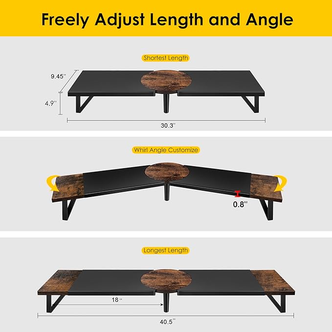 Dual-Monitor Stand for Desk - Large Adjustable Length and Angle Riser for 2 Monitors, Double Computer Desktop Organizer, Shelf for TV, Laptop, Printer