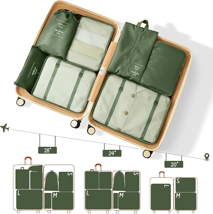 Packing Cubes for Travel- 8 Set Luggage Organizer Bags for Family, Mesh Breathable Travel Packing Cubes for Suitcases Durable Travel Essentials Bags Set (Deep Green, 8 Set)