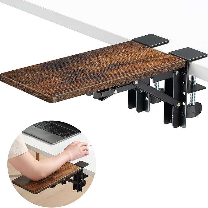 ETHU Desk Extender Tray, 11.8"x 5.9" Ergonomics Computer Arm Wrist Rest for Desk, Foldable Keyboard Drawer Tray Clamp On Mount Easy to Install, Armrest Support for Home and Office (Wood)