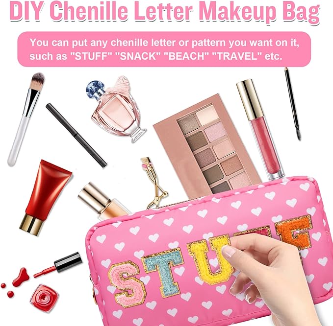 Nylon Small Makeup Bag for Purse, Cute Makeup Bag Preppy Cosmetic Zipper Pouch Purse, Waterproof Portable Travel Toiletry Bag Clutch Makeup Brush Bag Organizer Storage for Women Men Girls(Pink Heart)