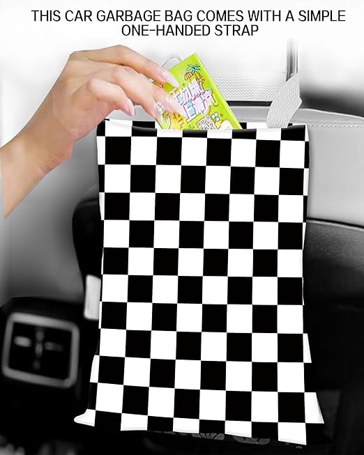 Car Garbage Can, Trash Bag, Hanging Trash Can for Vehicle Accessories, Travelling, Camping, Cute Back Seat Organizer, Classic Black White Plaid
