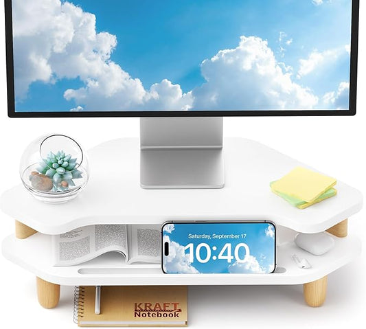 AFOOYO Monitor Stand Riser,2 Tier Corner Wood Sturdy 16.5In Computer Stand, Multi-Purpose Desktop Storage Stand for Laptop,PC,iMac,Printer,Computer,White