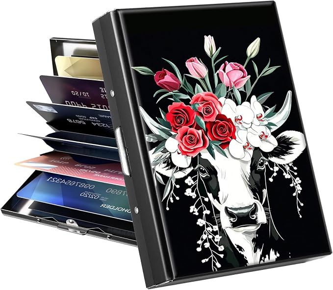 Metal Wallet, Credit Card Holder for Women Men Girls, RFID Blocking Aluminum Wallet Slim Hard Case, Mini Travel Wallet, ID Card Holder Business Card Case,Art Cow