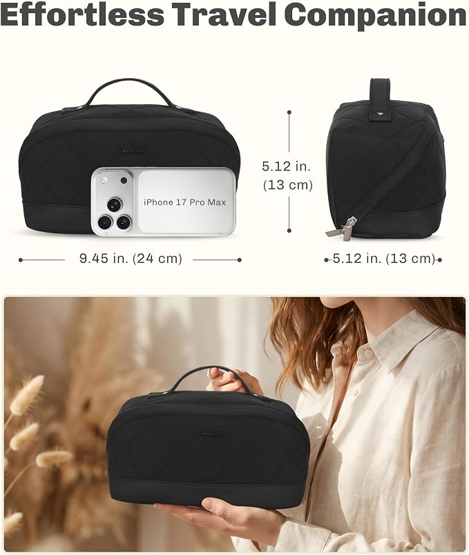 Hynes Eagle Travel Makeup Bag for Women Puffy Cosmetic Organizer Pouch Open Flat Toiletry Bag for Toiletries Brushes Structured Base Jet Black