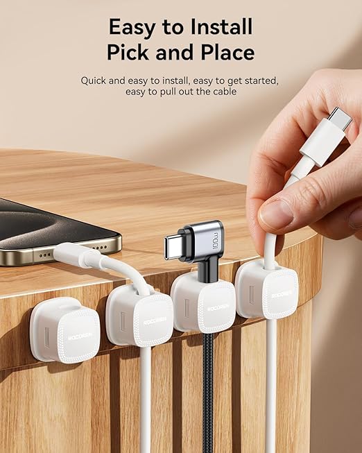 6-Pack Magnetic Cable Clips, Rocoren Smooth Adjustable Adhesive Cord Organizer, Desk Cable Management Wire Holder Keeper Cables Staples for Nightstand Home Office Desk Car Phone Wall Desktop