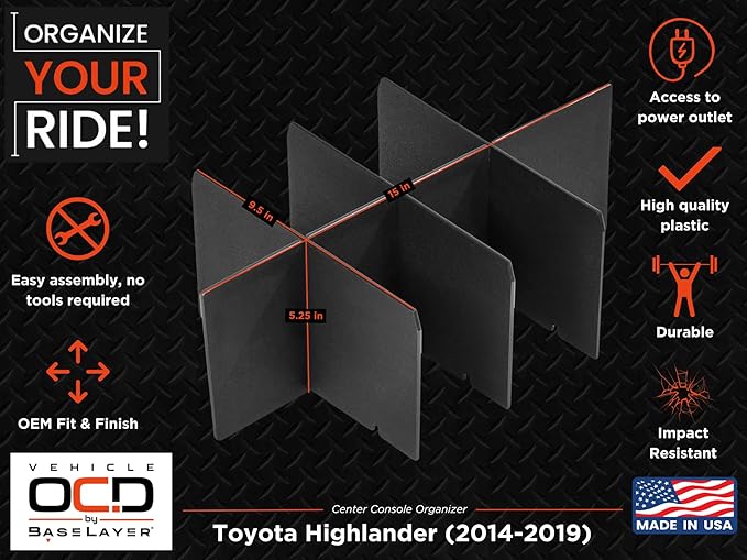 Vehicle OCD - Center Console Organizer for Toyota Highlander (2014-2019) - Made in USA - SLX109