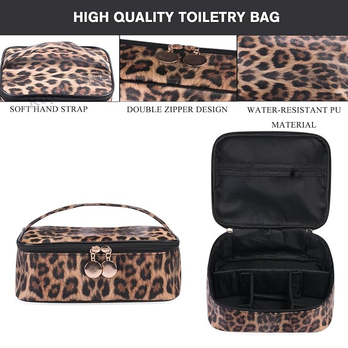Makeup Bag Travel Large Toiletry Bag Leopard Portable Cheetah Printed Cosmetic Organizer Pouch with Small Brush Storage Case Gold Zipper Waterproof Adjustable Dividers for Women,8.7x7.1x3.4inch
