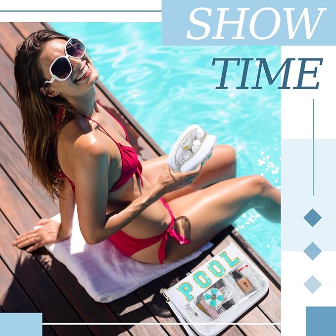 Hillban 2 Pcs Pool Bag Makeup Cosmetic Bag Clear Sunscreen Toiletry Zipper Pouch Beach Travel Summer Stuff Preppy Chenille Letter Patch Pouch PVC Waterproof Organizer Storage Mini Purse for Women
