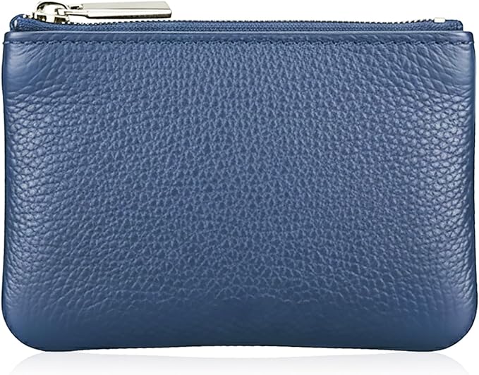 Hibate Blue Small Leather Coin Purse Change Pouch for Women Men Kids with Zip Key Ring