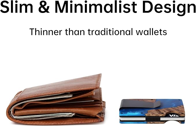 Slim Wallet for Men,RFID Blocking Minimalist Metal Wallet, Money Clip/Cash Holder, Front Pocket Aluminum Credit Card Holder, Ideal Gift for Men,Resin Dark Blue Wood