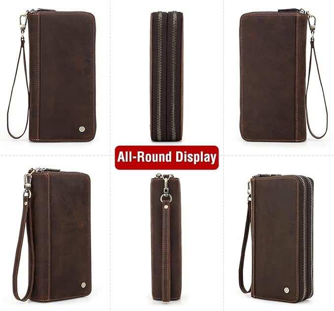 Top Grain Genuine Leather Clutch Bag Wallet with Wristlet for Man & Woman, Handmade Retro Design, 2 Zipper Pockets & Multiple Slots, RFID Large Capacity for Cards/Phone/Check/Money/Coin, Coffee