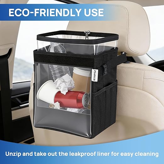 Ryhpez Car Trash Can with Clear Window, Multipurpose Car Organizer Storage for Baby Travel Essentials, Leakproof Car Garbage Bin with Removable Liner for Backseat Console (2.1Gallon/8L)
