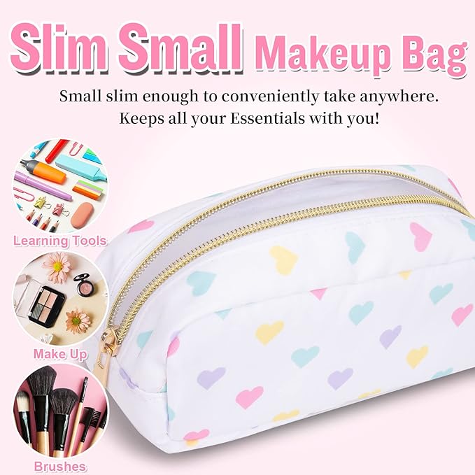 Nylon Small Makeup Bag, Slim Pink Makeup Brush Case, Preppy Cosmetic Zipper Pouch for Purse, Travel Toiletry Bag Clutch Coin Pouch Makeup Organizer for Women Girls (White Heart)